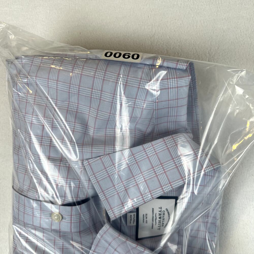 Charles Tyrwhitt Blue Pink Mens 16.5-36 Plaid Non-Iron Slim‎ Fit Dress Shirt - Picture 5 of 5